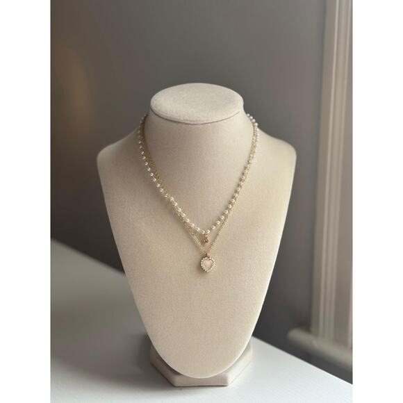 unbrand Jewelry - Layered Pearl Necklace Gold Heart Pendant Dainty Elegant Jewelry Gift